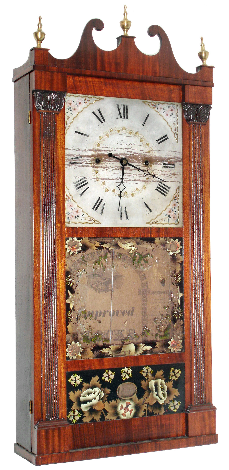 Jerome, Thompson & Co., Bristol, Conn., 30 hour, time and strike, weight  groaner type wood movement reeded pilaster and scroll shelf clock. c1827 — Antique Clocks Price Guide