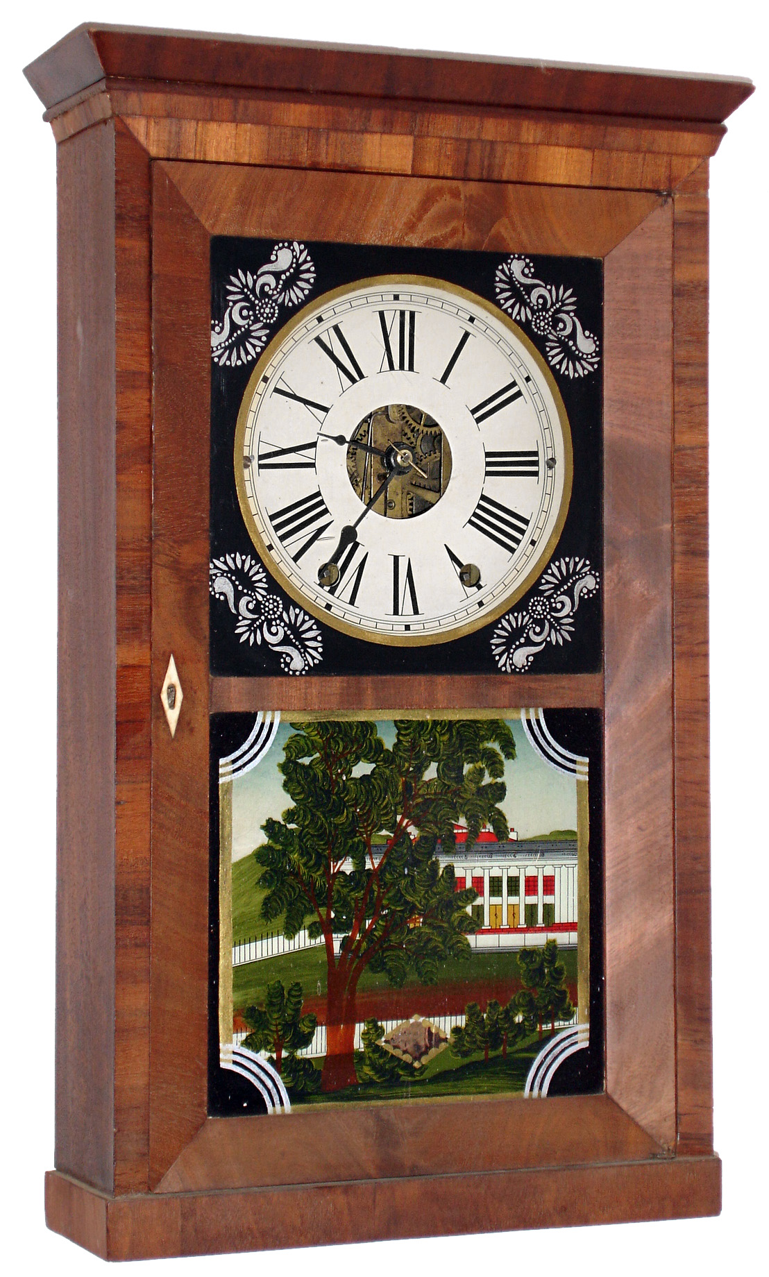 E. C. Brewster & Co., Bristol, Conn., 8 days, time and strike, iron back plate movement cornice top shelf clock, c1840 — Antique Clocks Price Guide