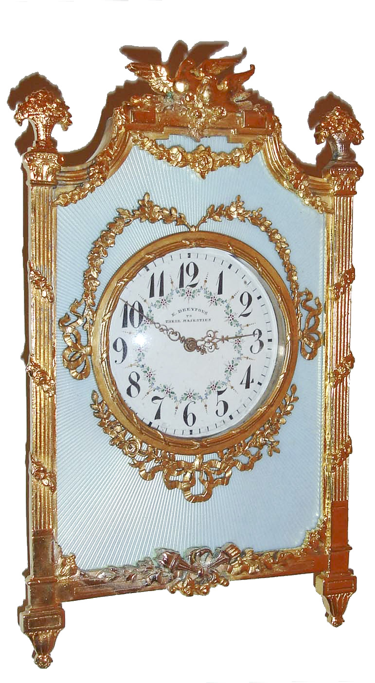 Switzerland, strut clock, silver gilt and pale blue enamel case with classically inspired ornament, 8 days, back wind and set 11 jewel gilt movement with lever escapement, white enamel Arabic numeral dial with polychrome floral festoons, marked "E. Dreyfous To Their Majesties", gilt Louis XV hands, c1910 — Antique Clocks Price Guide