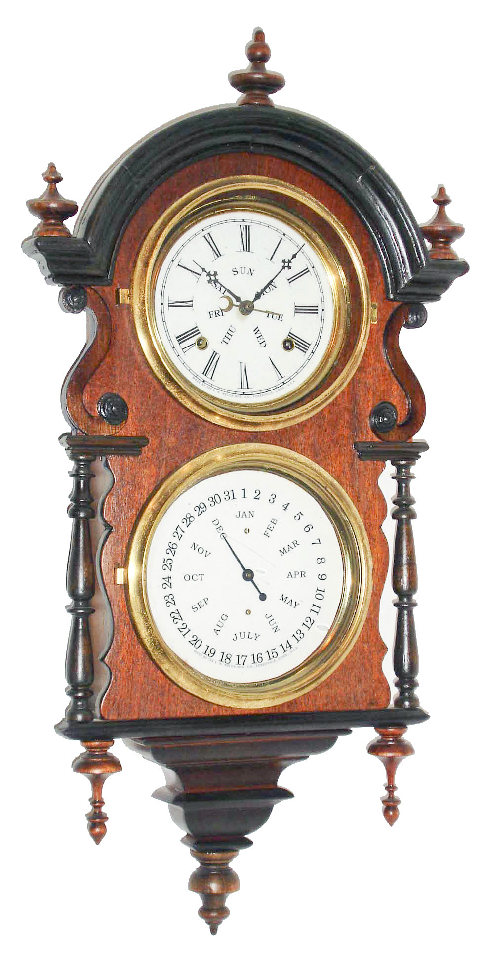 Welch, Spring & Co., Bristol, Conn., "Wagner B.W. Hanging" walnut 8 days, time and strike, calendar clock, c1878 — Antique Clocks Price Guide