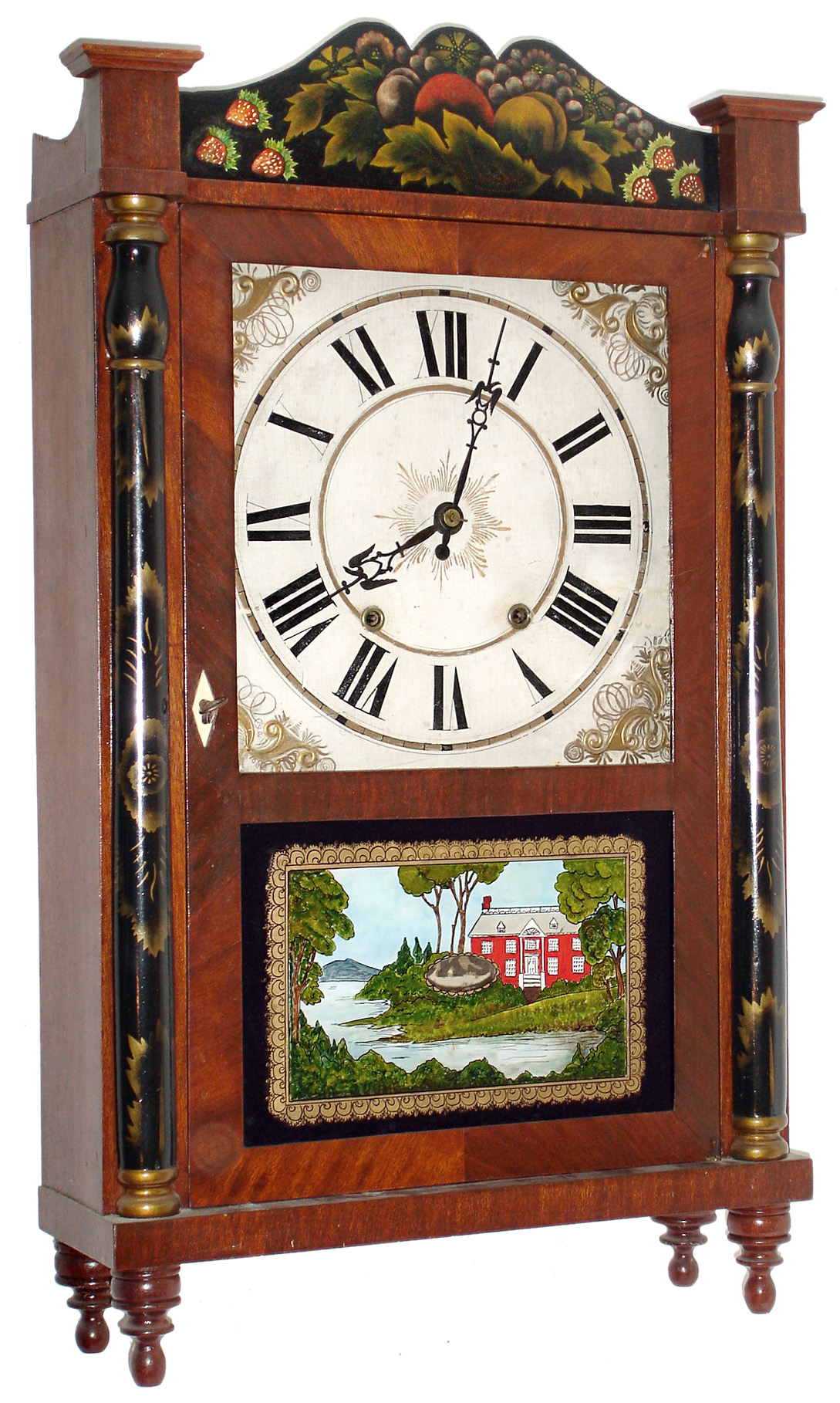 Riley Whiting, Winchester, Conn., 30 hour, time and strike, weight wood movement half column and splat shelf clock, c1830 — Antique Clocks Price Guide