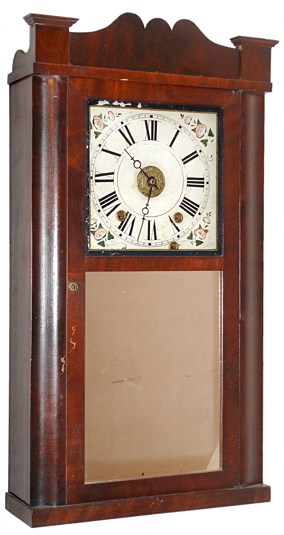Daniel Pratt, Jr., Reading, Mass., 30 hour, time, strike and alarm, weight wood movement OG sides and splat top shelf clock, c1843 — Antique Clocks Price Guide