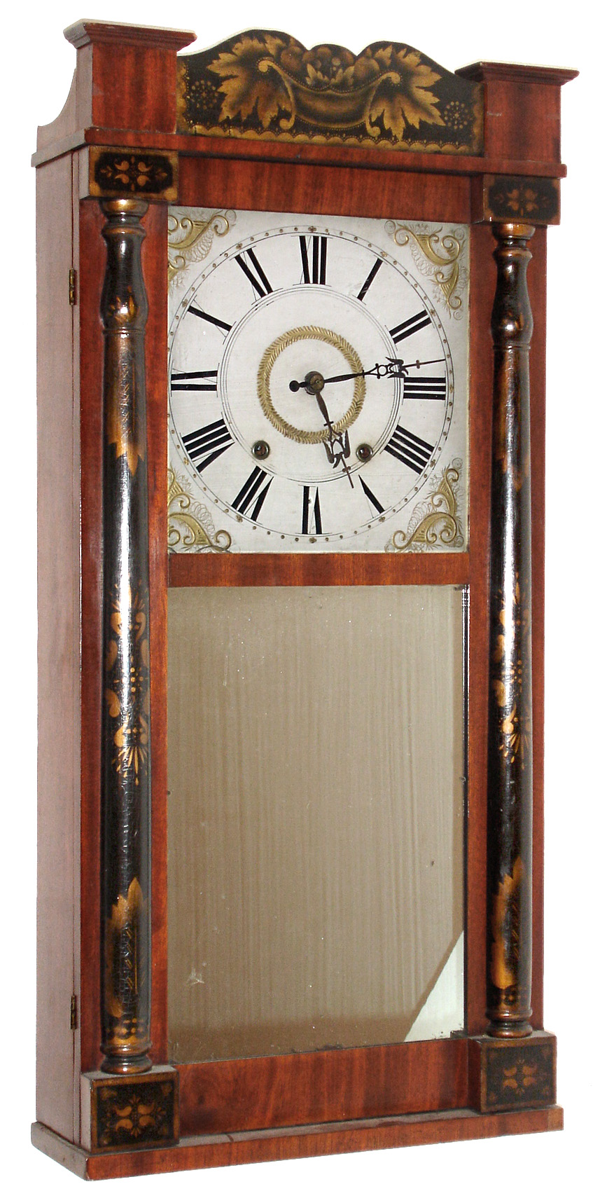 E. & G.W. Bartholomew, Bristol, Conn., 30 hour, time and strike, weight wood movement half column & splat shelf clock, c1830 — Antique Clocks Price Guide