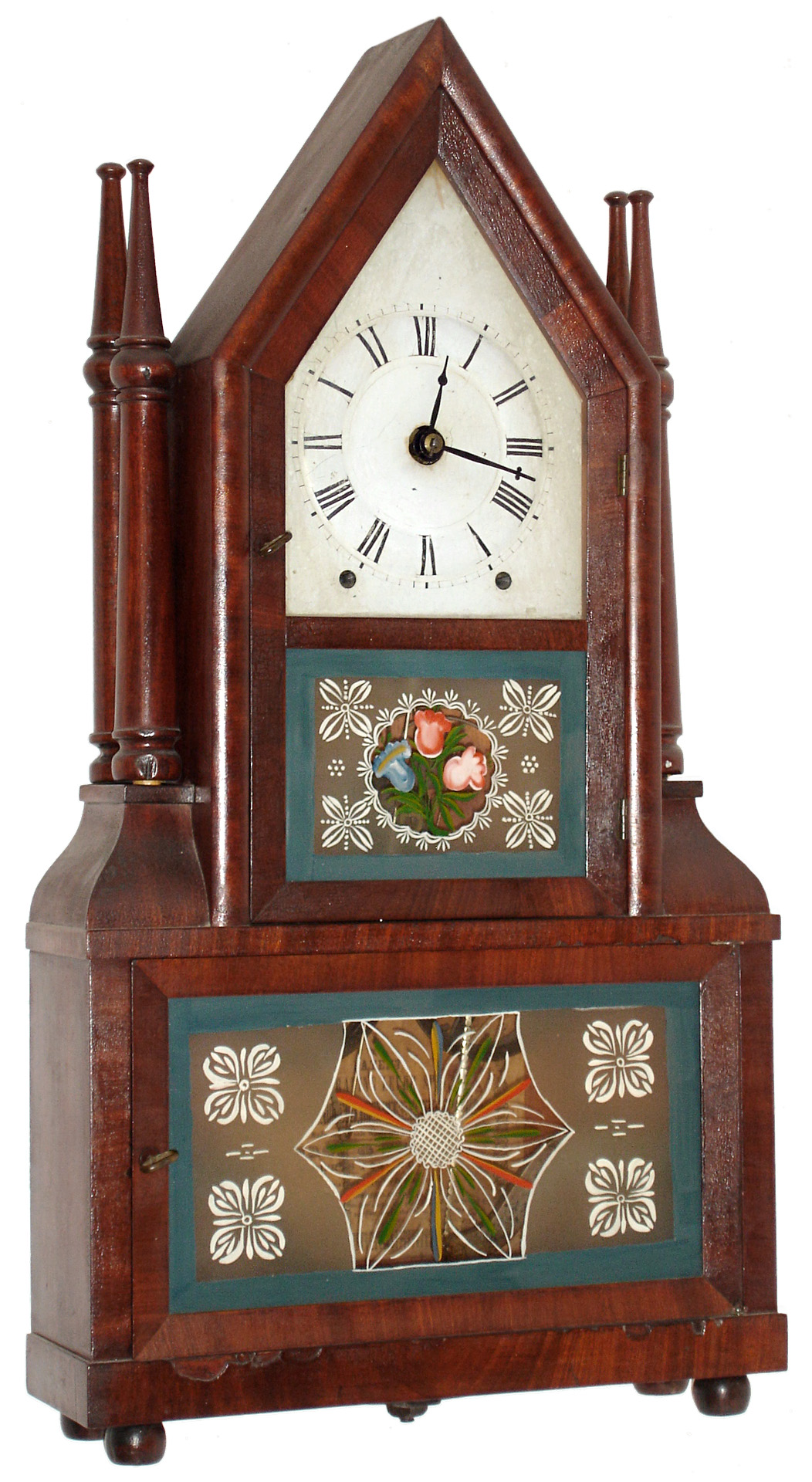 Birge & Fuller, Bristol, Conn., 8 day, time and strike, wagon spring steeple on frame with candle finials or double steeple shelf clock. c1844 — Antique Clocks Price Guide