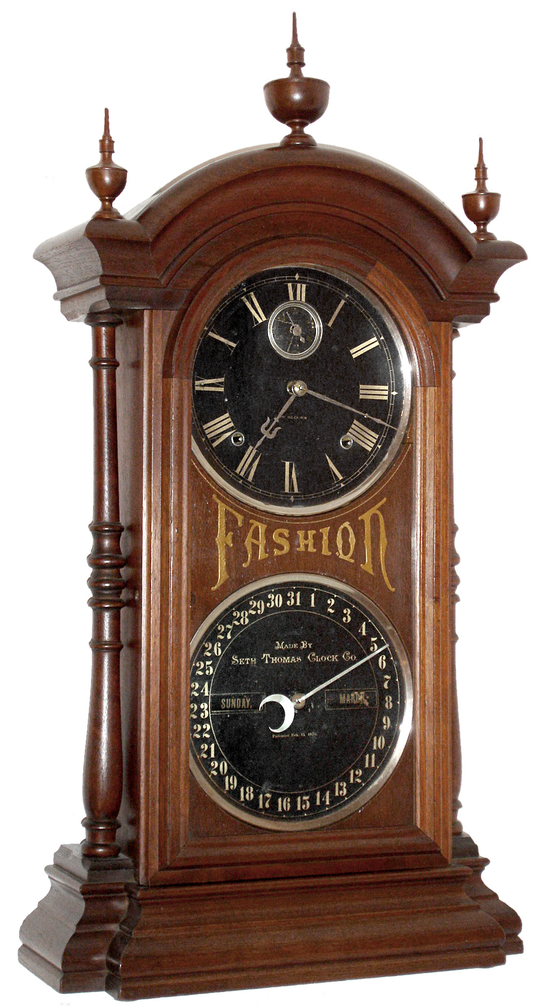 Southern Calendar Clock Co., St. Louis, Mo, "Fashion No. 6", 8 day, time and strike, double dial calendar clock in walnut. c1880 — Antique Clocks Price Guide