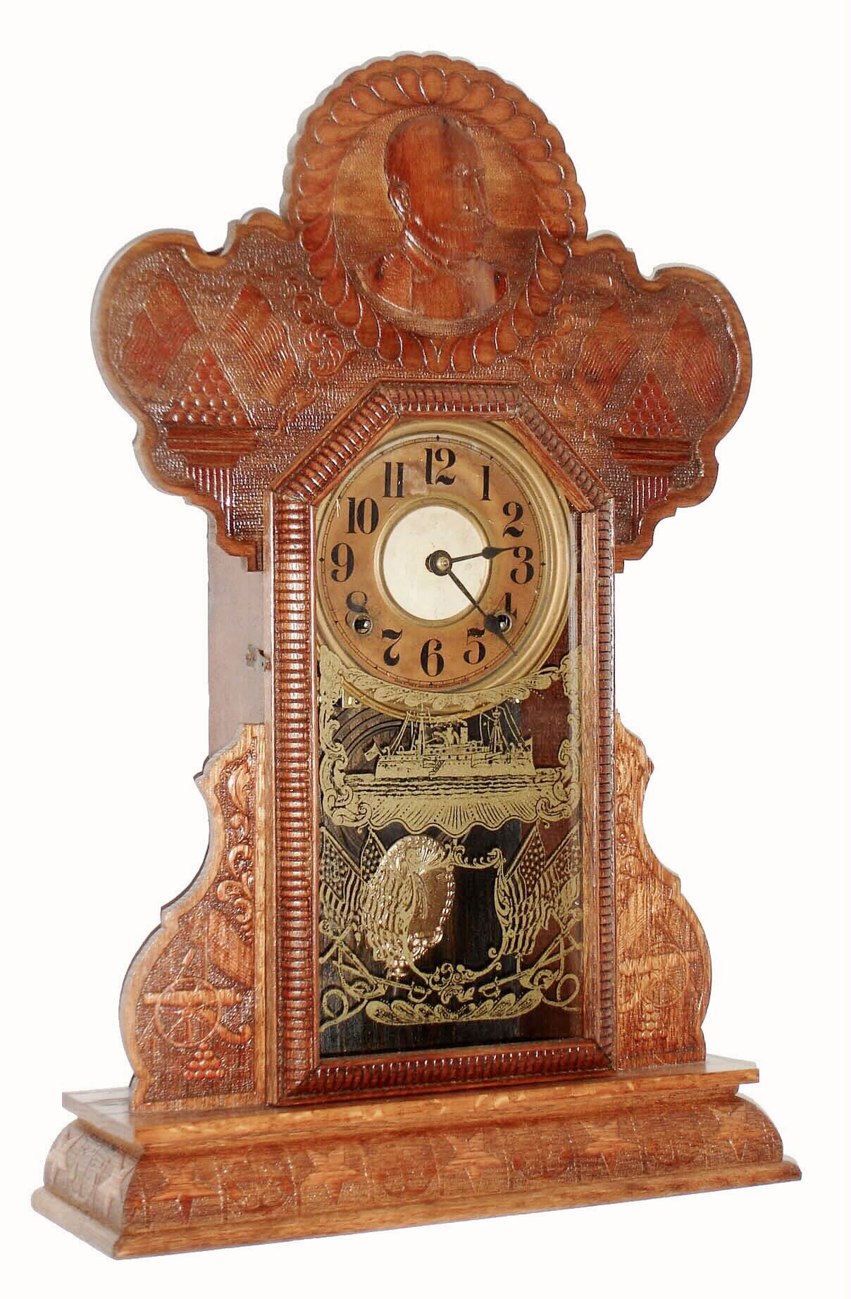 E. Ingraham & Co., Bristol, Conn., "Admiral Dewey", 8 day, time and strike, oak kitchen clock, c1899 — Antique Clocks Price Guide