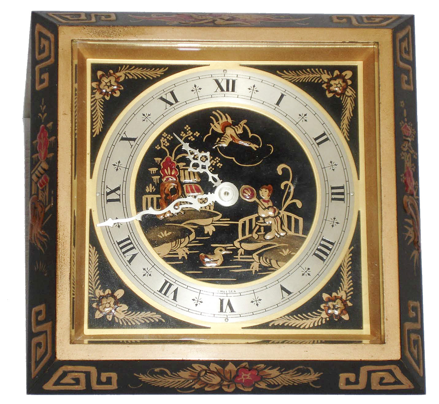 Chelsea Clock Co., Chelsea, Mass., square bronze strut clock with chinoiserie decoration, the designs in red and gold on a black ground, silvered Roman numeral chapter ring signed "Chelsea", silvered hands, 8 days, time only, movement with lever escapement, serial #564648, c1950 — Antique Clocks Price Guide