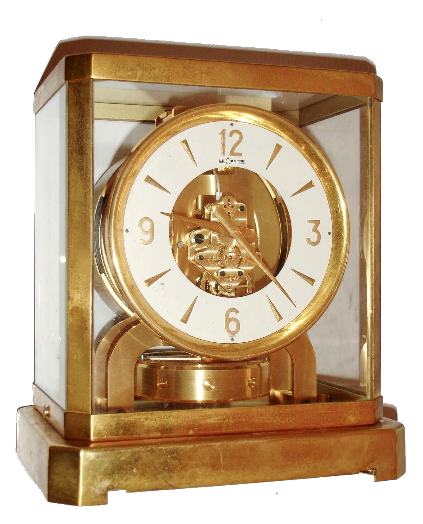 LeCoultre, Switzerland, Atmos clock, gilt calibre 519 movement, round white dial with gilt trim, numerals and hands, polished gilt case with glass top and sides, serial #44963, c1950 — Antique Clocks Price Guide