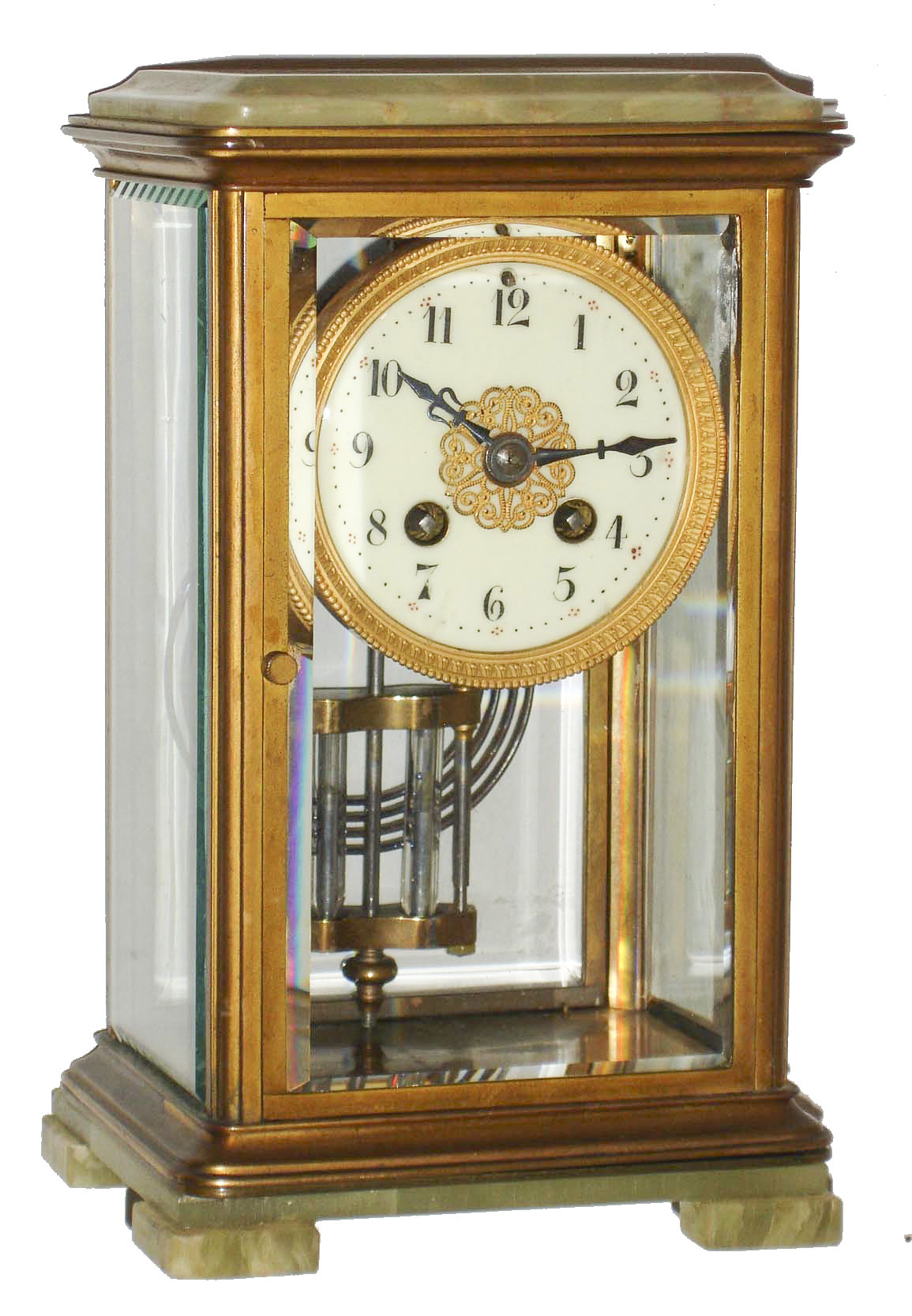 France, crystal regulator, gilt brass case with green onyx top and bottom, thick beveled glass sides, 8 days, rack striking pendule a Paris movement, counting the hours on a gong, with a single blow at the half hour, movement signed "AD. MOUGIN Deux Medailles" also with "H&H" mark, white enamel dial with Arabic numerals, gilt bezel and center ornament, blued steel hands, with 2 vial mercury pendulum, c1910 — Antique Clocks Price Guide