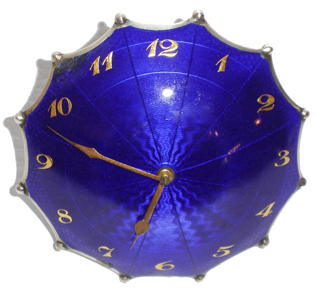 Switzerland, parasol form desk or nightstand clock, sterling silver with blue guilloche enamel case with 8 days, time only, lever escapement watch movement, wound through the parasol handle, the dial with gilt Arabic numerals, gilt spade and poker hands, c1920 — Antique Clocks Price Guide