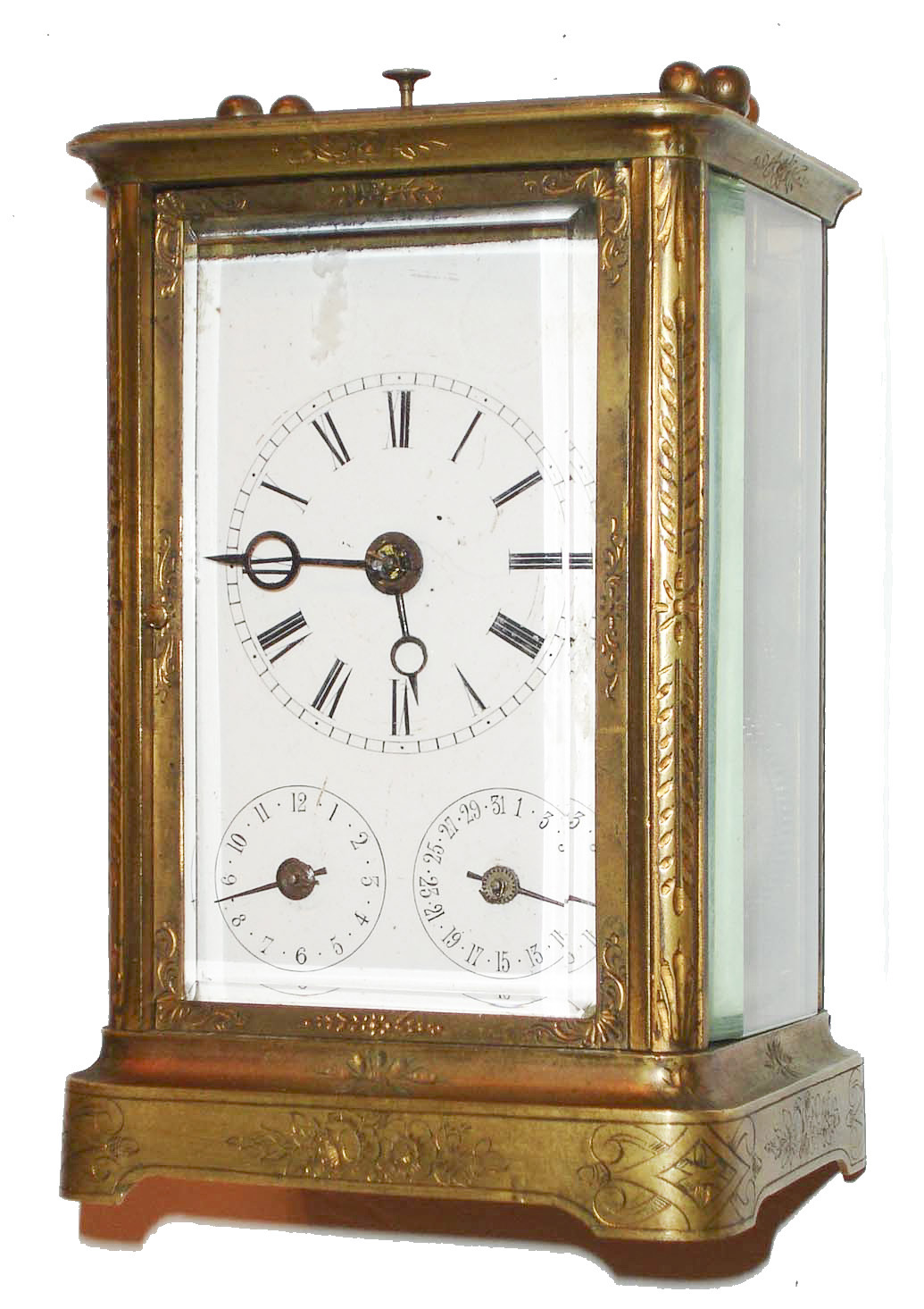 France, Franche - Comte region carriage clock, 8 days, time and strike, movement with alarm, calendar and repeating the hours on demand, nicely engraved and gilded brass case, thick beveled glasses at top and sides, the bell contained in the base, polished brass movement with exposed striking work mounted on back plate, platform with cylinder escapement, white enamel Roman numeral dial with alarm and date sub dials, blued steel Breguet style hands, c1860 — Antique Clocks Price Guide