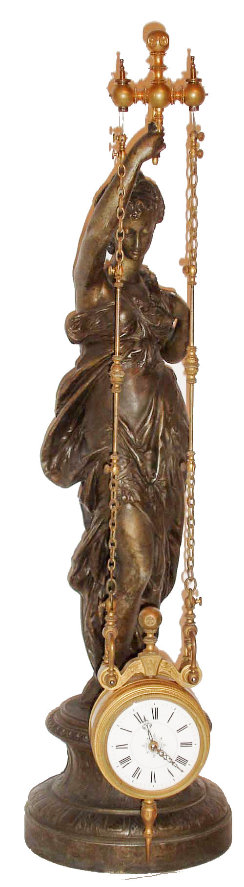 France, swinger, with unusual chain suspended clock, held aloft by a bronzed spelter statue of a young woman, standing on an acanthus decorated plinth, the inside of the base marked "L.S.F", the gilt drum containing the clock movement and dial with two bands of decorative reeding and beading, with decorated rods and chains attached to suspension springs, and all attached to a turned, beaded and engraved block, white enamel Roman numeral dial with fancy gilt bezel, pierced and engraved hands, with round, 8 day, time only, movement, c1890 — Antique Clocks Price Guide