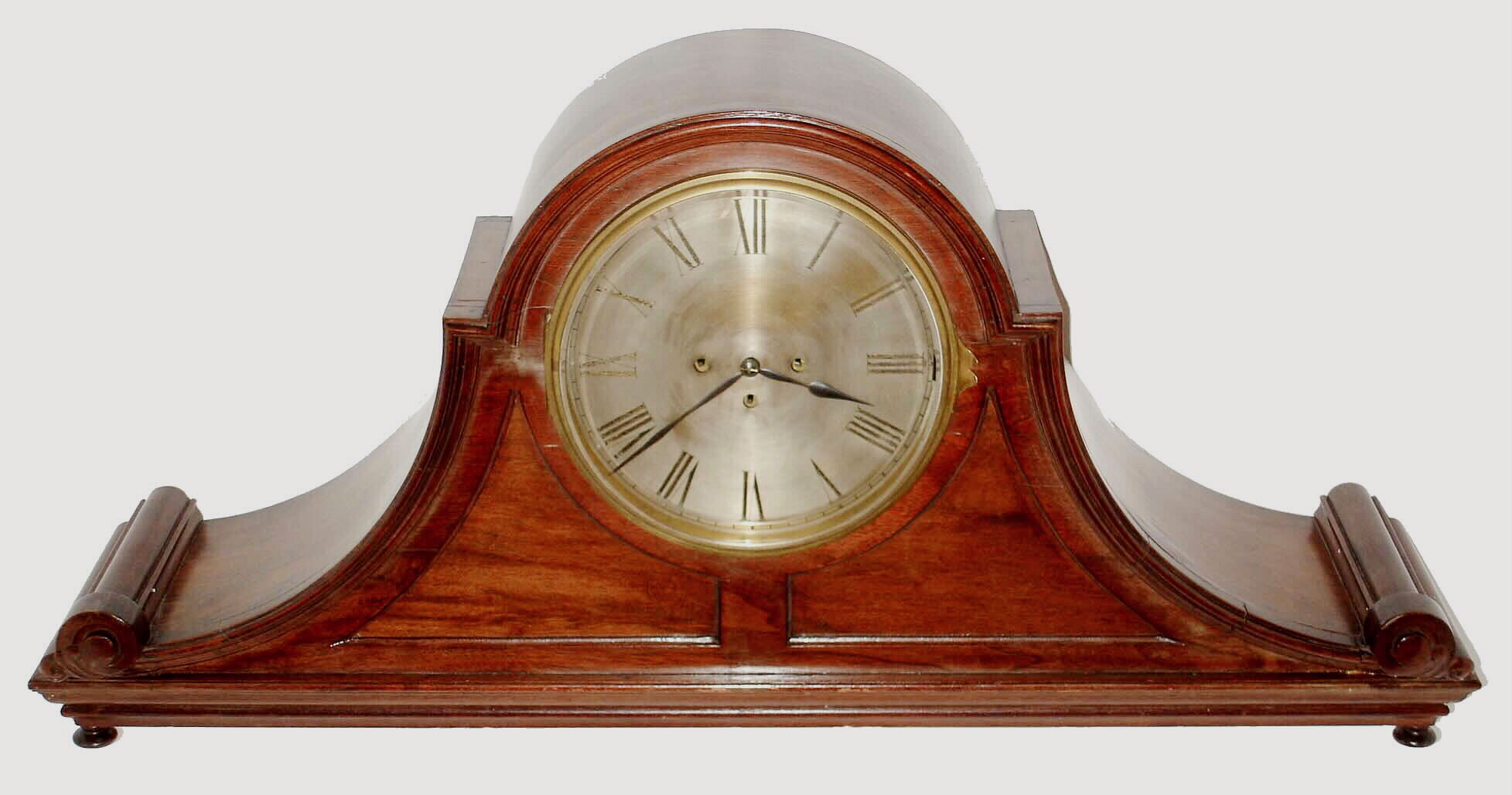 J.J. Elliott, London, England, one of the worlds largest tambour clocks, the walnut case with paneled front, heavily molded base and trim, terminating at each end in a volute with acanthus leaf, heavy cast bezel with thick beveled glass, silvered Roman numeral dial with blued steel hands, chime/ silent lever at 3:00, and heavy brass, 8 day, 3 fusee movement with full Westminster chiming on gongs, and counting the hours on a large gong, signed "J.J. Elliott 121 & 123 Rosebery Avenue London", with original key and pendulum c1910 — Antique Clocks Price Guide