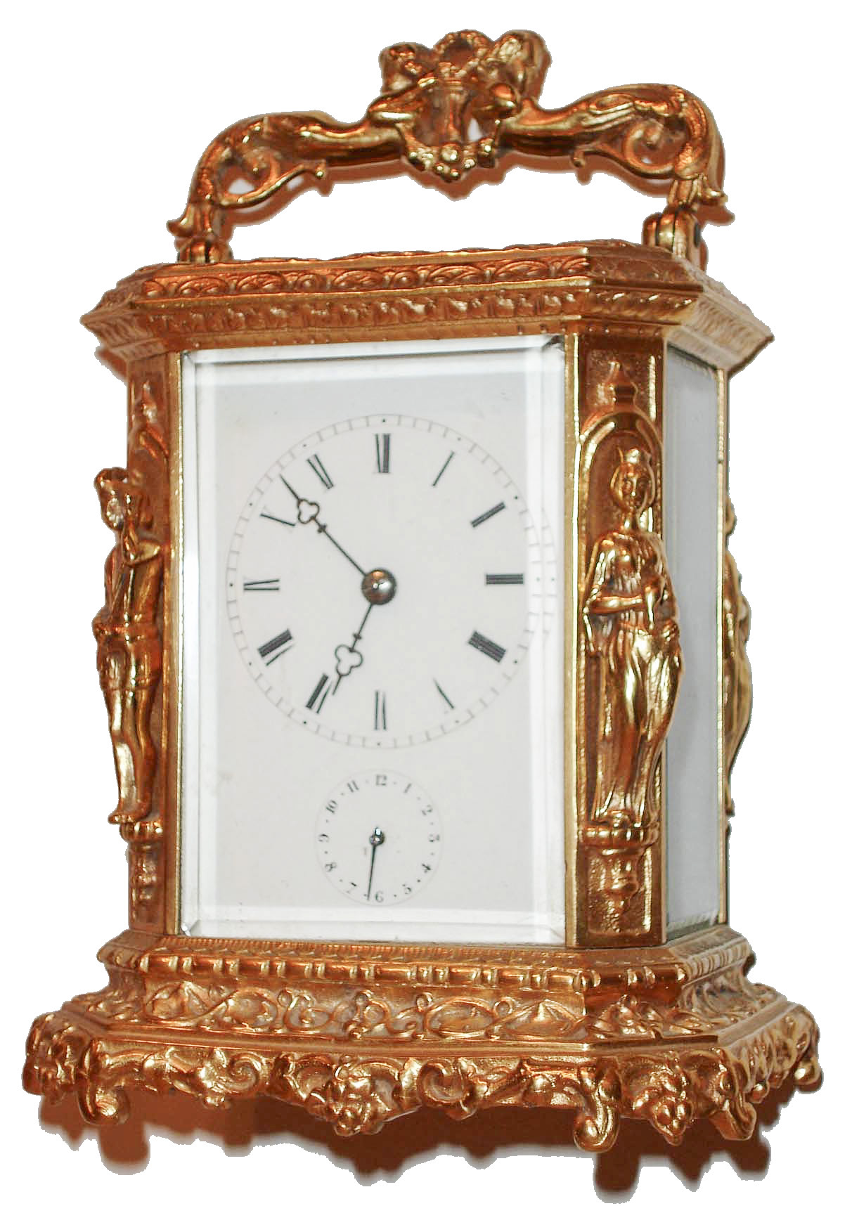 Japy Freres & Cie., France, 8 days, time and strike, hour repeating carriage clock with alarm contained in a gilt, Cariatides style case decorated with trailing vines and C scrolls, four figures in niches at the case corners, an the top with figural handle, beveled glass top and sides, 8 days, brass movement signed "Japy Freres & Cie. Exposition 1855 Grande med. D'honneur", and striking the hours with repeating on demand, silvered platform with English style lever escapement and cut bimetallic balance, Roman numeral, white enamel dial with blued steel trefoil hands, c1870 — Antique Clocks Price Guide