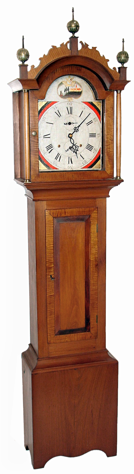 Country tall clock, 30 hours, time and strike, wooden works movement with painted wooden dial, c1830 in a contemporary pine case with tiger maple highlights on trunk and hood by Frasier Forge of Fryeburg, Maine, c1985 — Antique Clocks Price Guide