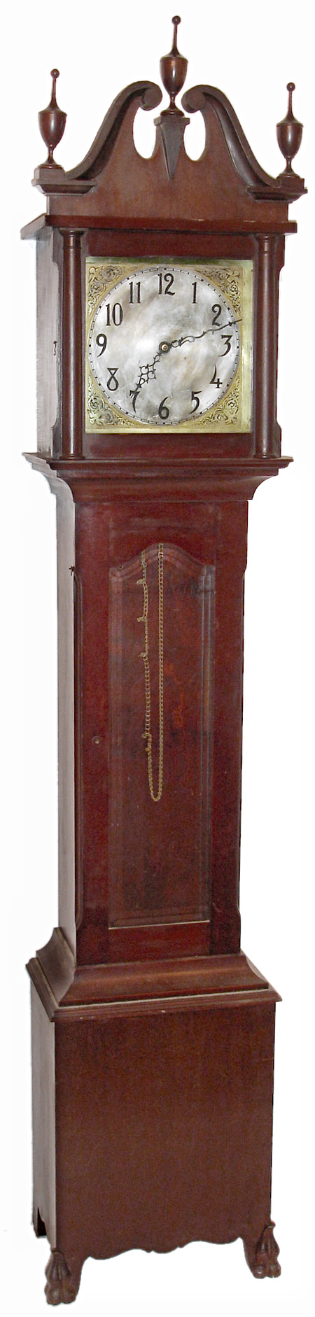 Tall clock, 8 days, time and strike, weight driven movement in a mahogany case with beveled glass door and silvered and brass dial, 1910 — Antique Clocks Price Guide