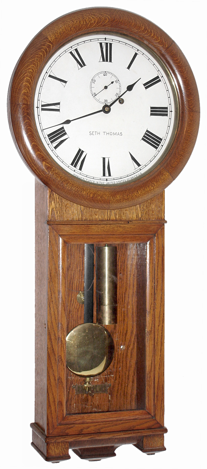 Seth Thomas Clock Co., Thomaston, Conn., "No. 2 Regulator" oak time only, weight driven wall clock, c1910 — Antique Clocks Price Guide