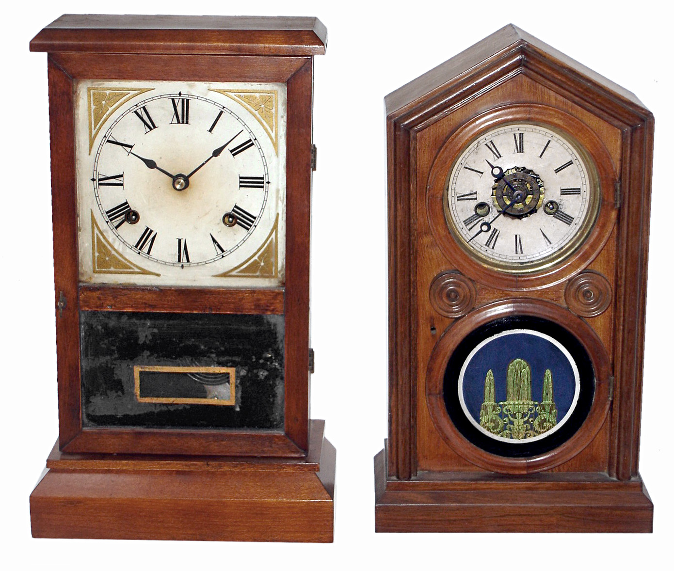 Clocks- 2 (Two) Connecticut mahogany striking spring driven mantel clocks: E. Ingraham 8 day; Daniel Pratt & Sons 30 hour, c1870 — Antique Clocks Price Guide