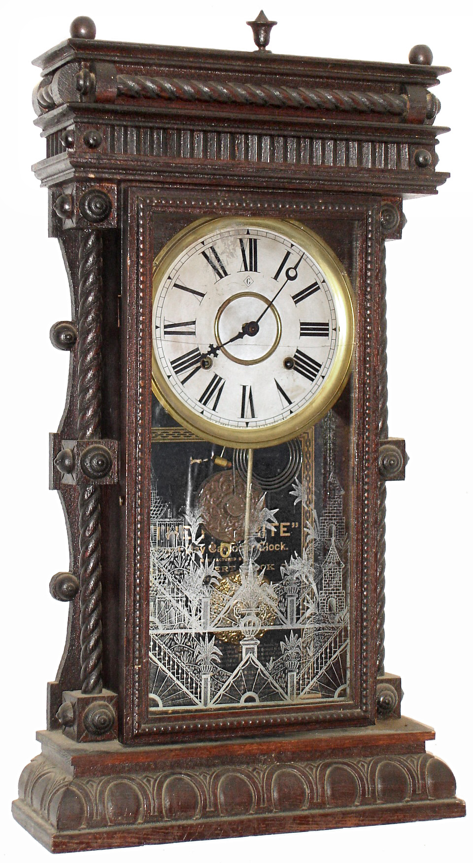 Wm. L. Gilbert Clock Co., Winsted, Conn., "Long Branch" oak 8 days, time and strike, mantel clock, c1895 — Antique Clocks Price Guide