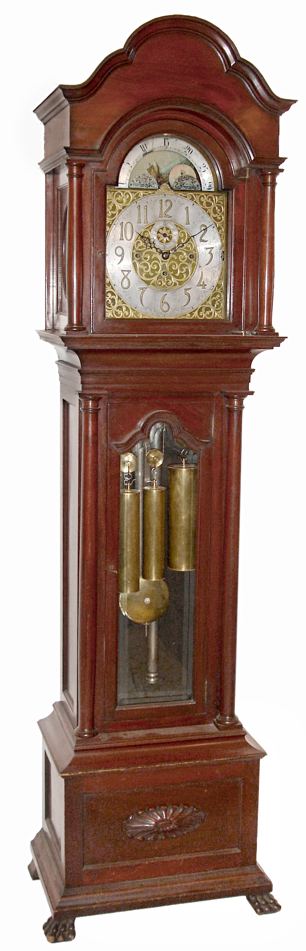 Tall clock, Germany retailed by W.K. Cowan & Co., Chicago, 8 days, time, strike, moon phase and chime on marked Herschede Crown Symphony tubes, three brass weight driven movement in a mahogany case with beveled lower glass, paw feet and sunburst on lower plinth and brass dial with silvered chapter ring and strike / silent selection, c1915 — Antique Clocks Price Guide