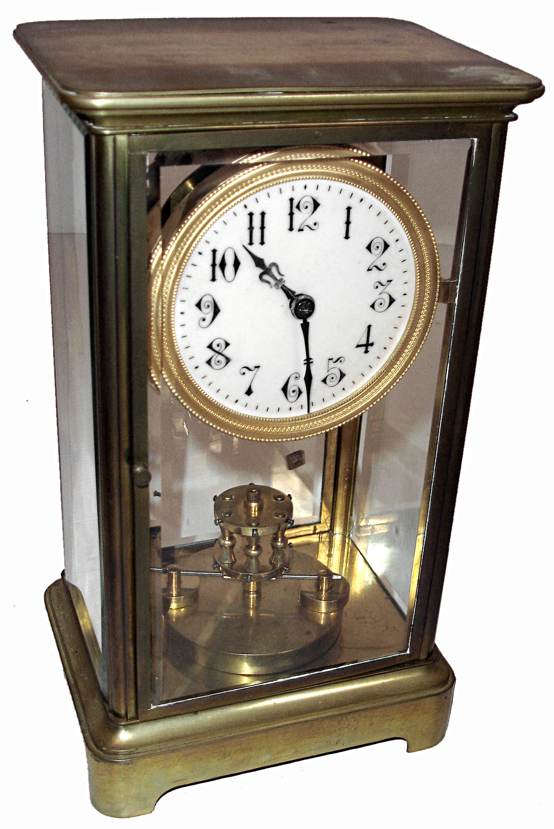 German "Anniversary" 400-day heavy brass and beveled glass crystal regulator. c1904 — Antique Clocks Price Guide