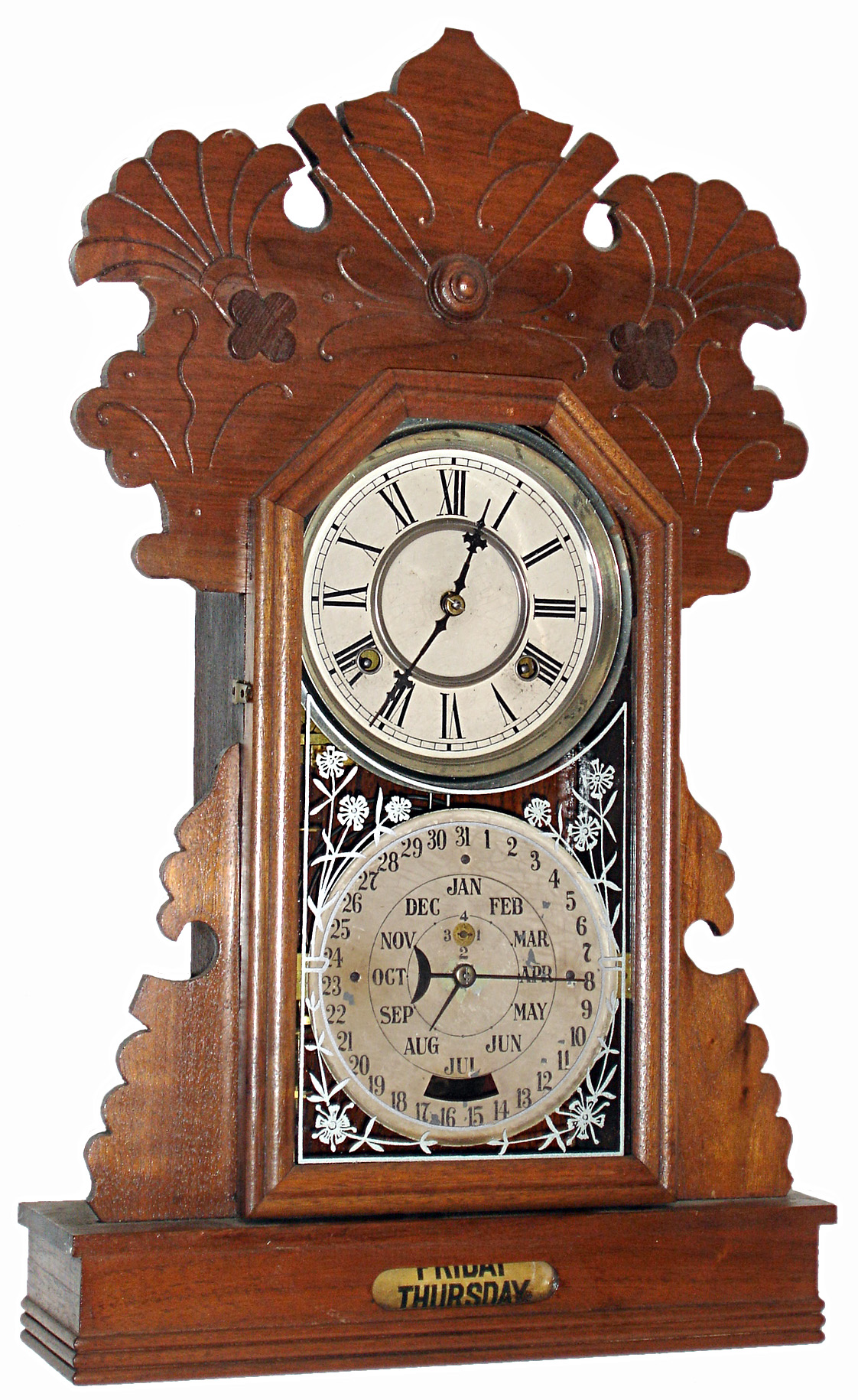 Charles W. Feishtinger, Fritztown, Penn., 8 days, walnut time and strike, double dial calendar gingerbread mantel clock, c1894 — Antique Clocks Price Guide