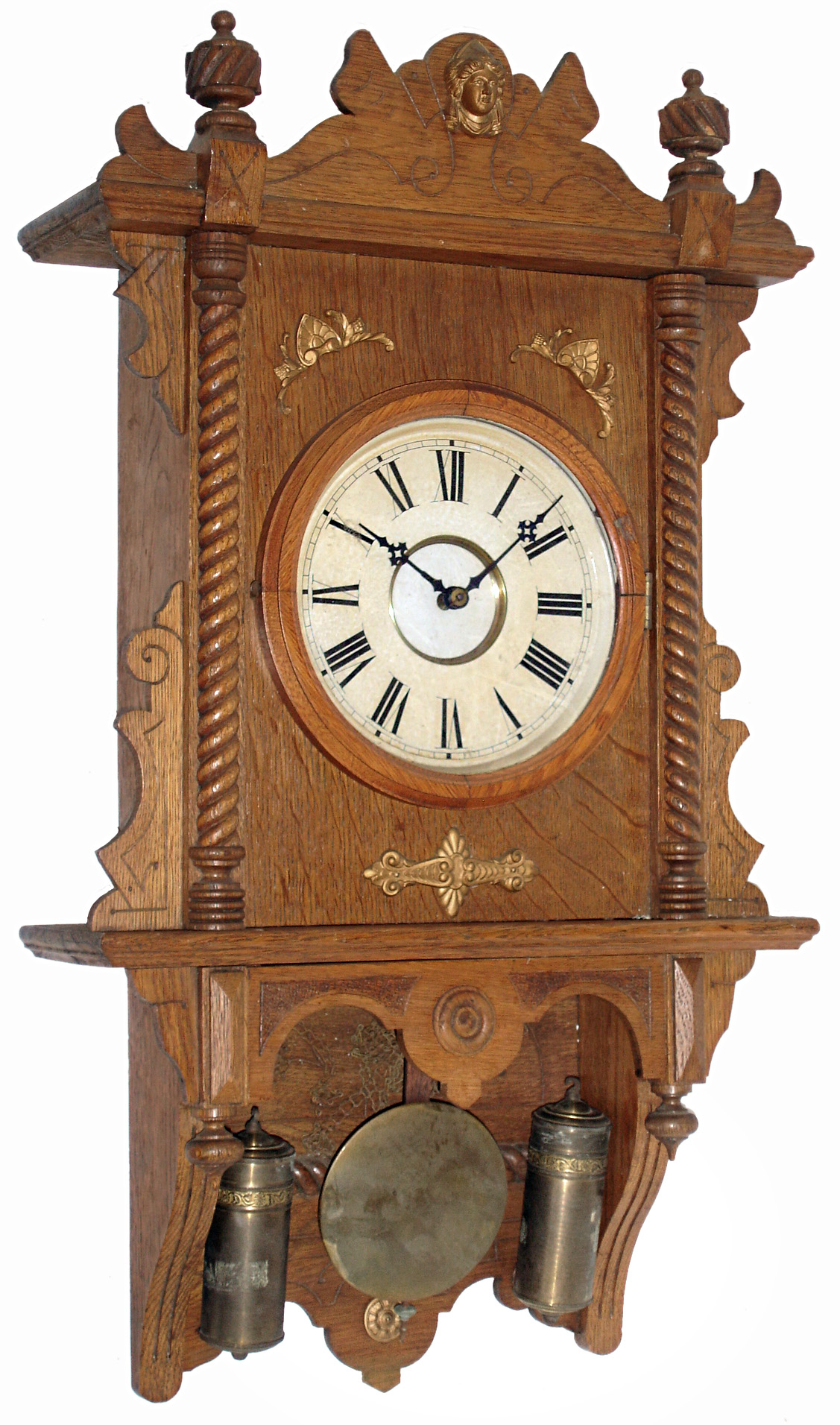 Waterbury Clock Co., Waterbury, Conn., "Study" oak 8 days, time and strike, 2 weight open-well wall clock, c1891 — Antique Clocks Price Guide