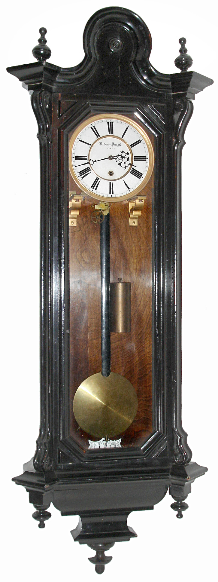 Winbauer and Dangel, Baden, Austria, ebonized 30 day one weight time only, Vienna regulator, c1880 — Antique Clocks Price Guide