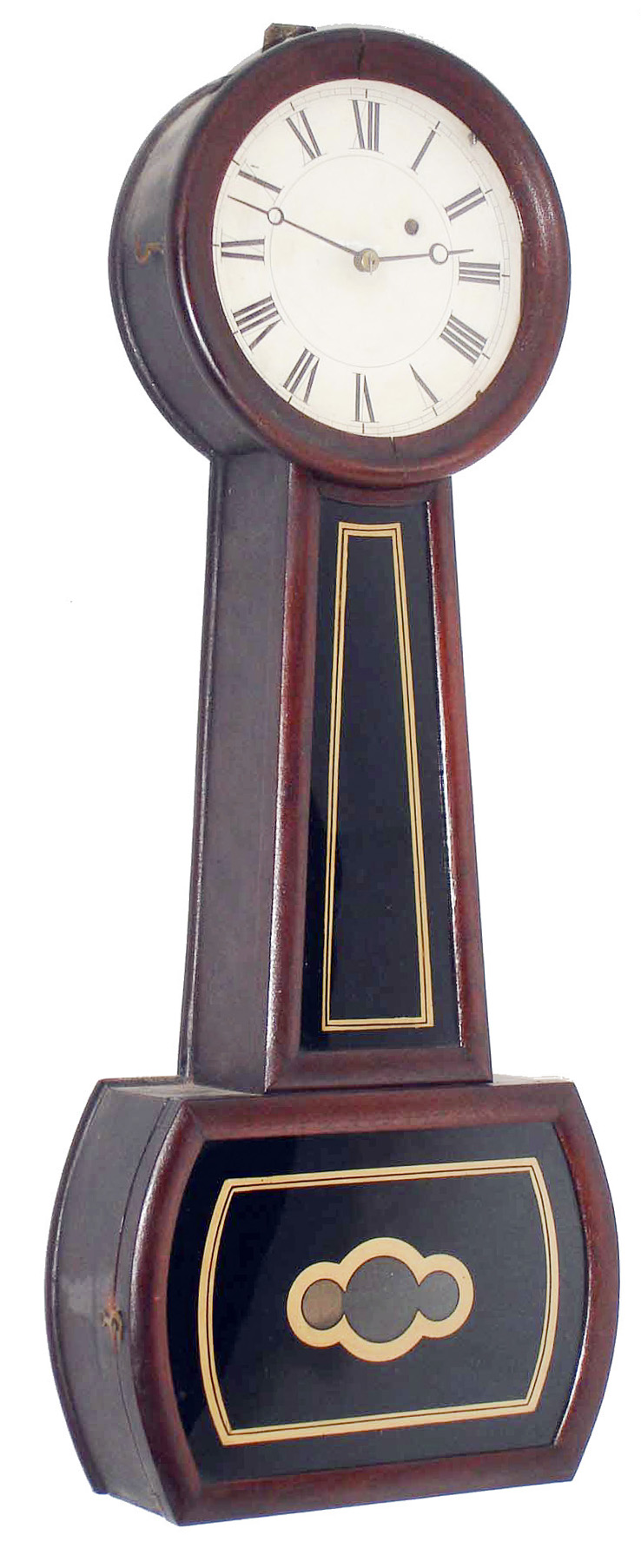 Daniel Pratt & Sons, Reading, Mass., 8 day, weight brass movement banjo timepiece. c1865  Case is stamped "66".  This is most likely an Attleboro type banjo retailed by Pratt possibly from the shop of George Hatch. — Antique Clocks Price Guide
