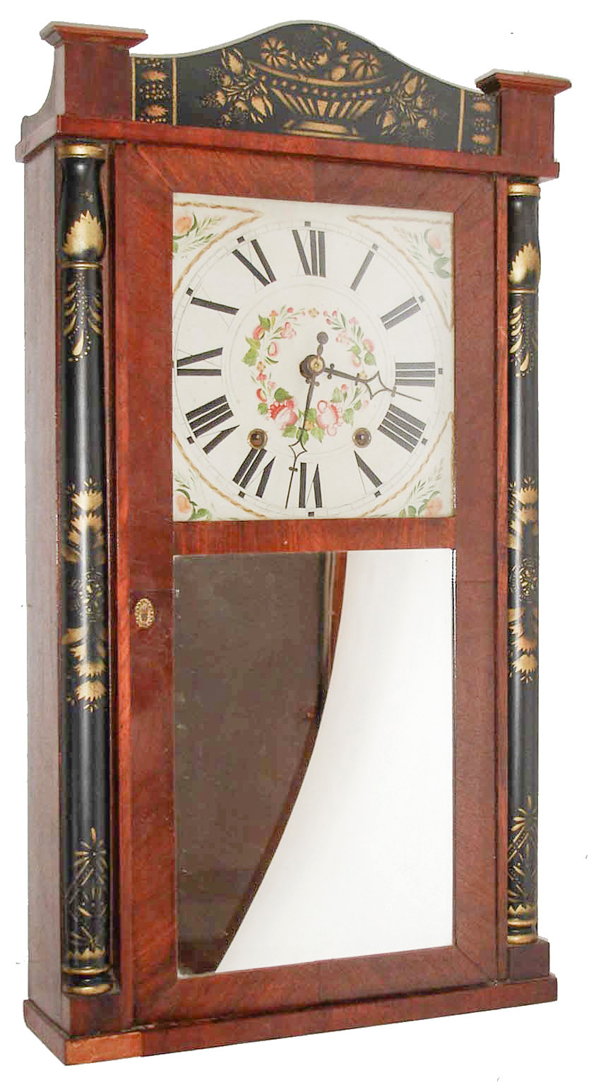Porter & Carter, Otis, Mass., 30 hour, time and strike, weight wood movement half column & splat shelf clock, c1835 — Antique Clocks Price Guide