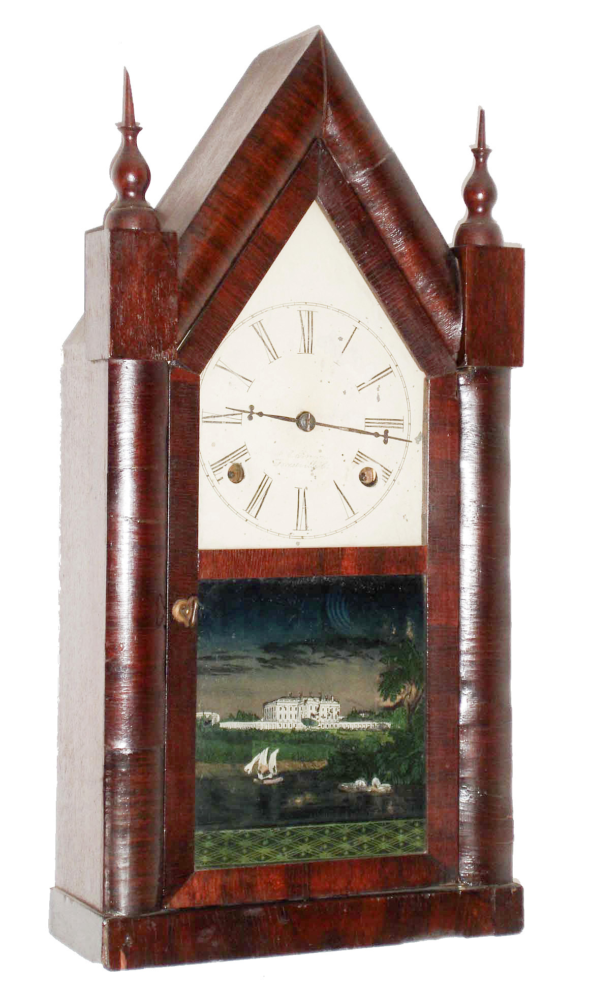 Forestville Manufacturing Co., (J.C. Brown), Bristol, Conn., 30 hour FUSEE, time and strike, rosewood sharp gothic or steeple clock, c1845 — Antique Clocks Price Guide