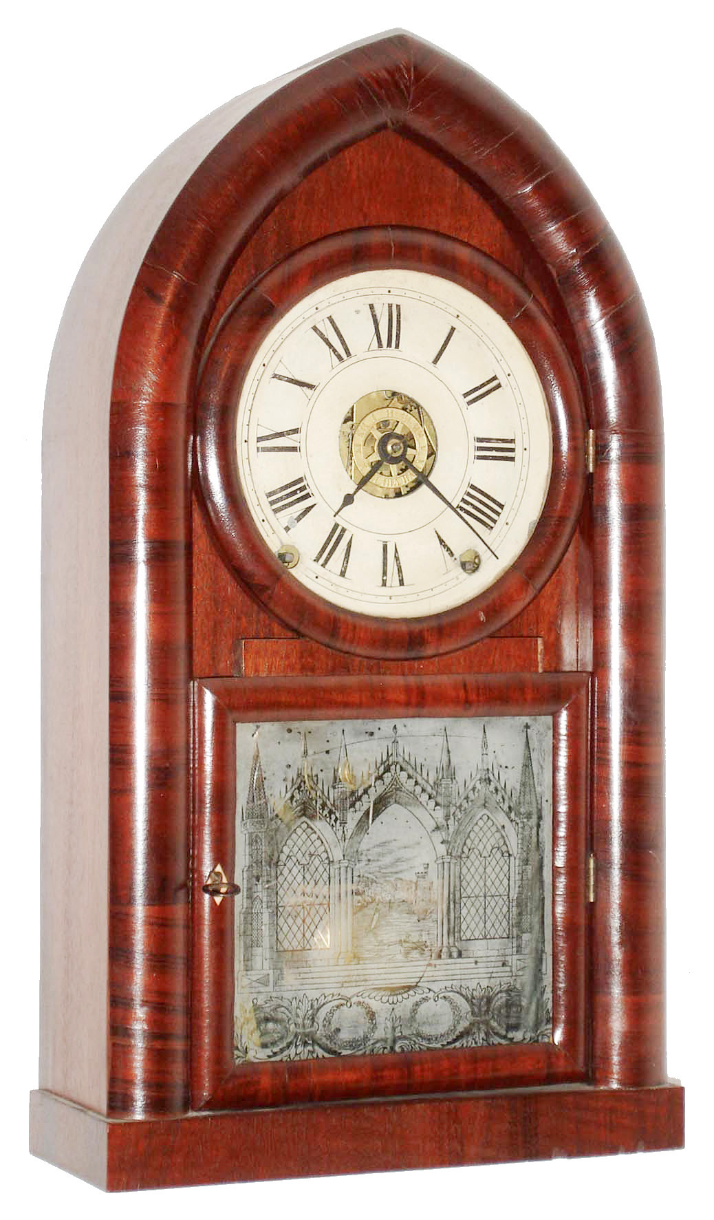 Terry & Andrews, Bristol, Conn., 8 day, time, strike and alarm, rosewood veneered round gothic or beehive shelf clock, c1845 — Antique Clocks Price Guide