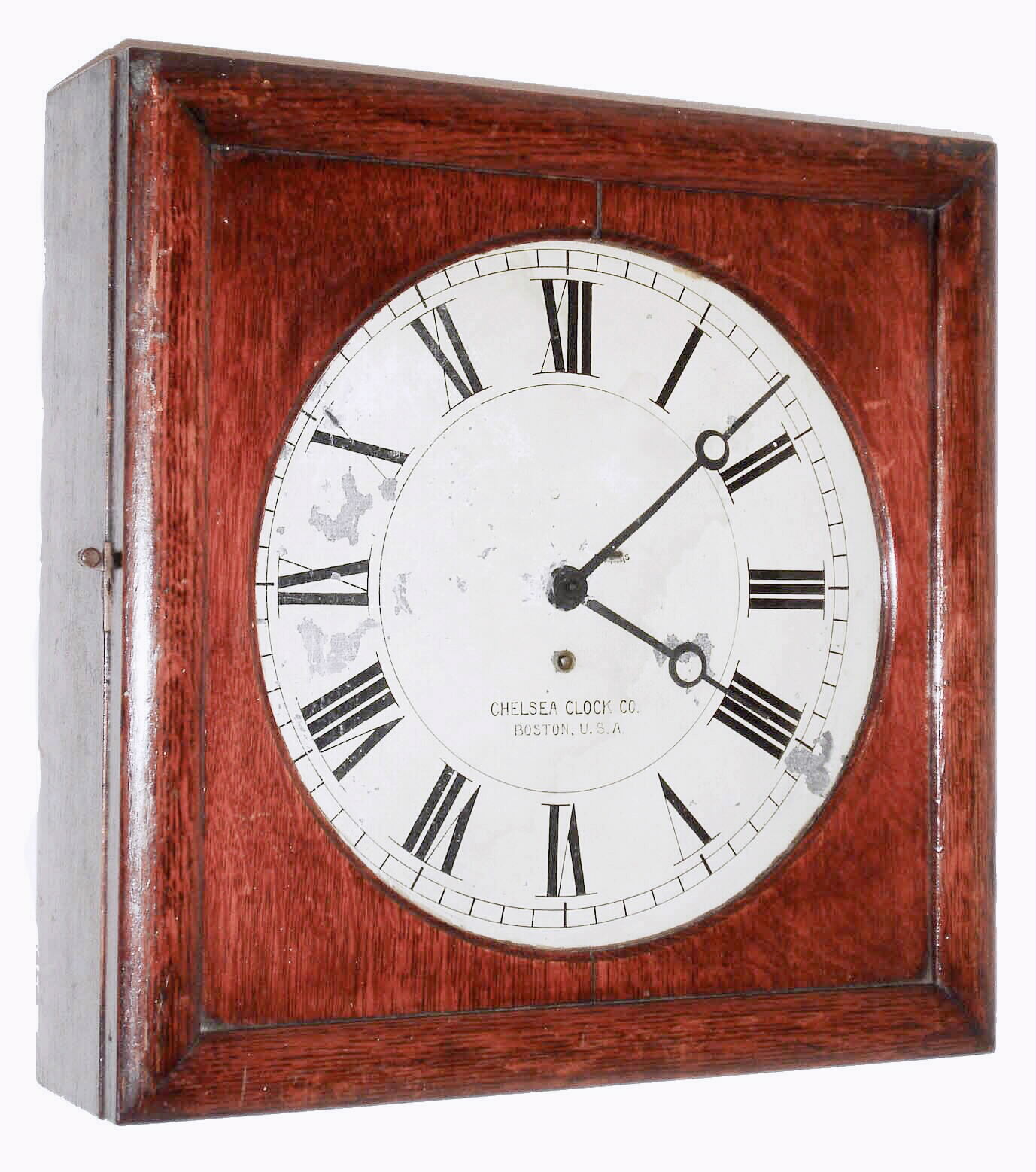 Chelsea Clock Co., Boston, Mass., "Lever Wall Clock Style No. 4", 8 days, lever movement wall timepiece in oak, Serial no. 113159.   c1917 — Antique Clocks Price Guide