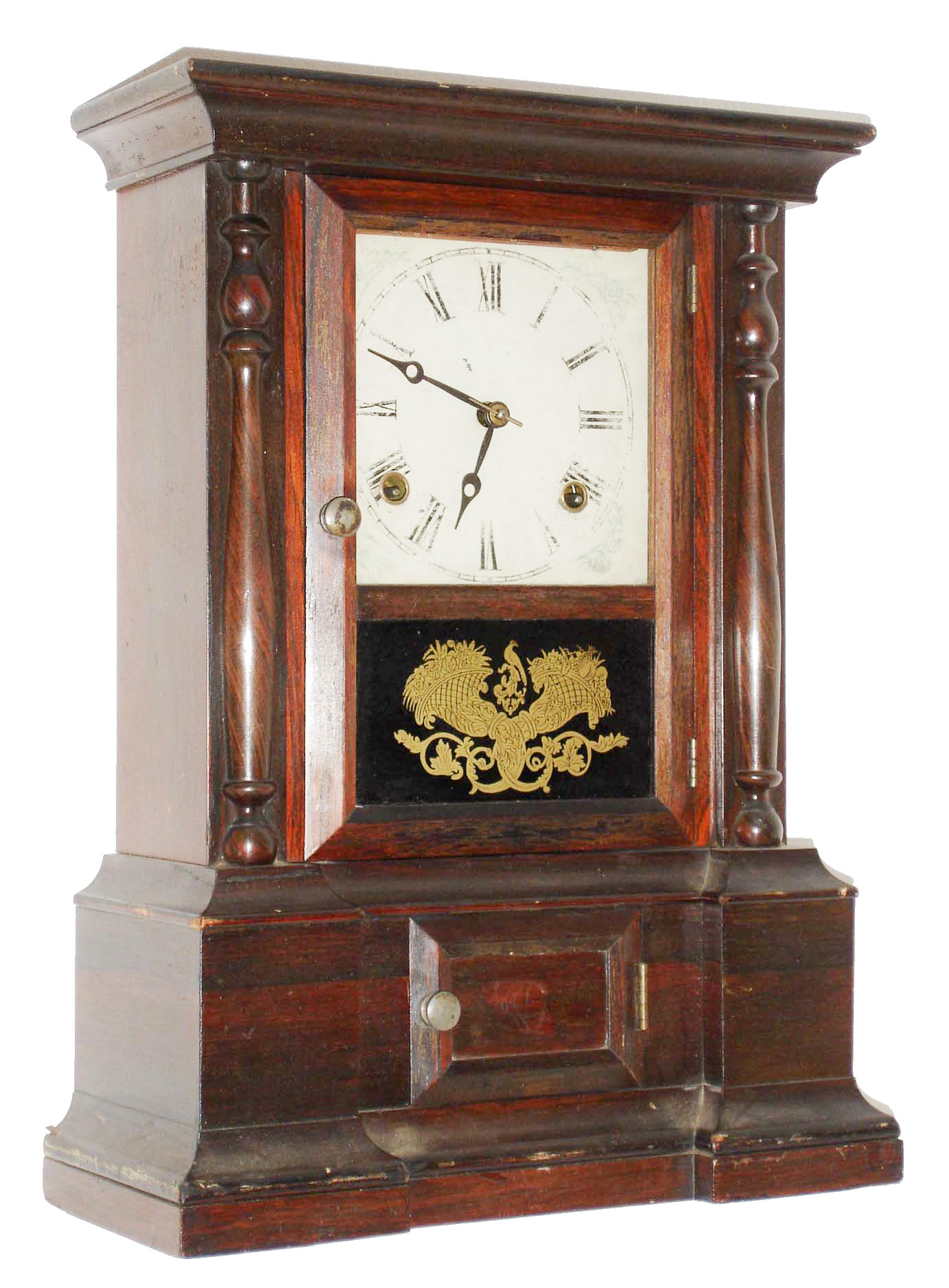 Atkins Clock Co., Bristol, Conn., "London", 8 day, time and strike, rosewood shelf clock. c1870 — Antique Clocks Price Guide
