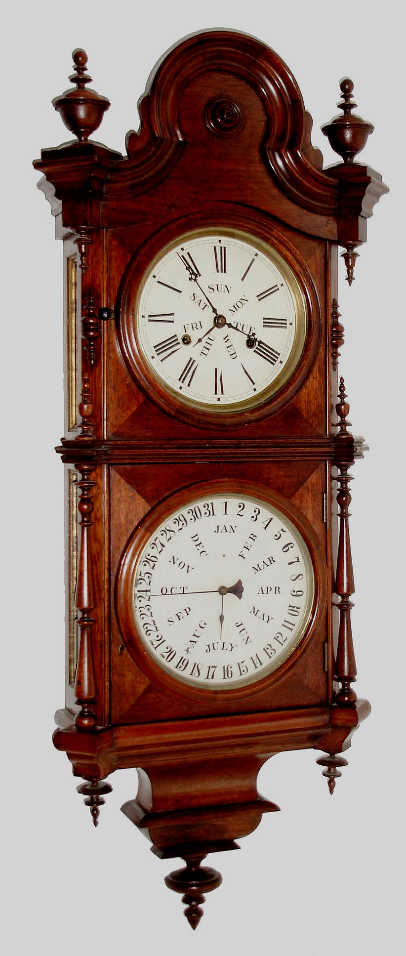 Welch, Spring & Co., Bristol, Conn., "Calendar Regulator No. 5", 30 day, double spring walnut double dial wall timepiece, c1878 — Antique Clocks Price Guide