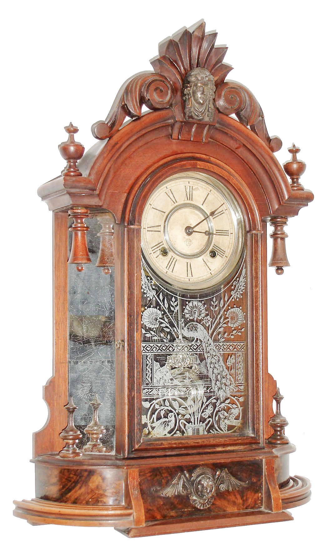 Ansonia Clock Co., Ansonia, Conn., "Triumph", 8 day, time and strike, walnut mirror side mantel clock. c1880 — Antique Clocks Price Guide