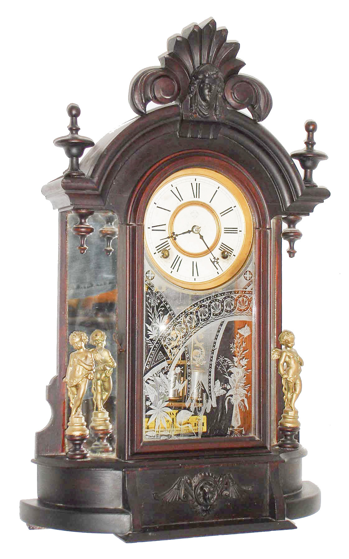 Ansonia Clock Co., Ansonia, Conn., "Triumph", 8 day, time and strike, walnut mirror side mantel clock. c1880 — Antique Clocks Price Guide