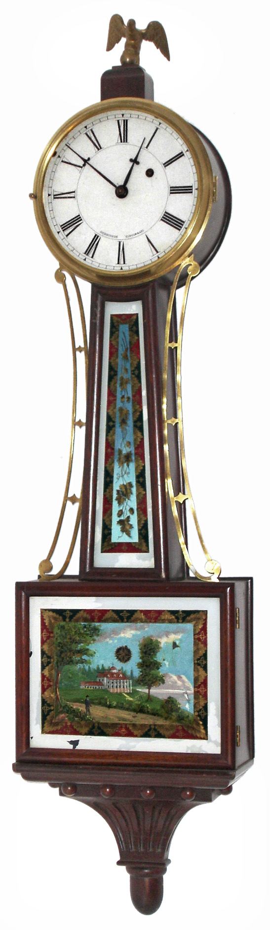 Herschede Hall Clock Co., Cincinnati, Ohio, mahogany banjo clock with a Little & Eastman, Boston, 8 days, time only, weight driven movement, c1920 — Antique Clocks Price Guide