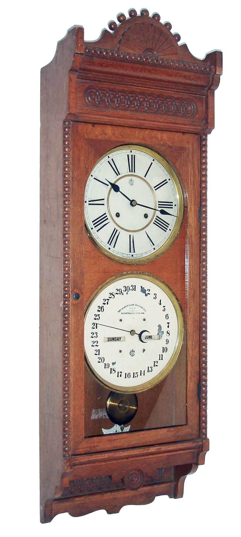 Waterbury Clock Co., Waterbury, Conn., "Calendar No. 27", 8 day, time and strike, double dial calendar clock. c1893 — Antique Clocks Price Guide