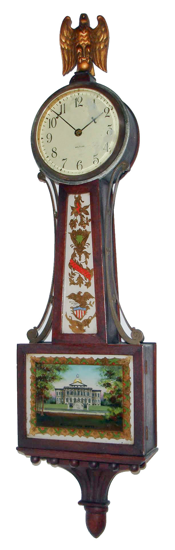 Waltham Watch Co., Waltham, Mass., 8 day, miniature patent or banjo timepiece. c1930 — Antique Clocks Price Guide