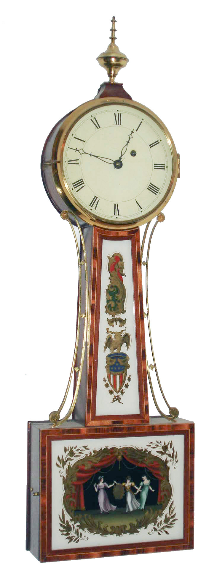 Fraser Forgie, Fryeburg, Maine, cross banded mahogany 8 days, time only, weight driven banjo clock, dated 1986 — Antique Clocks Price Guide