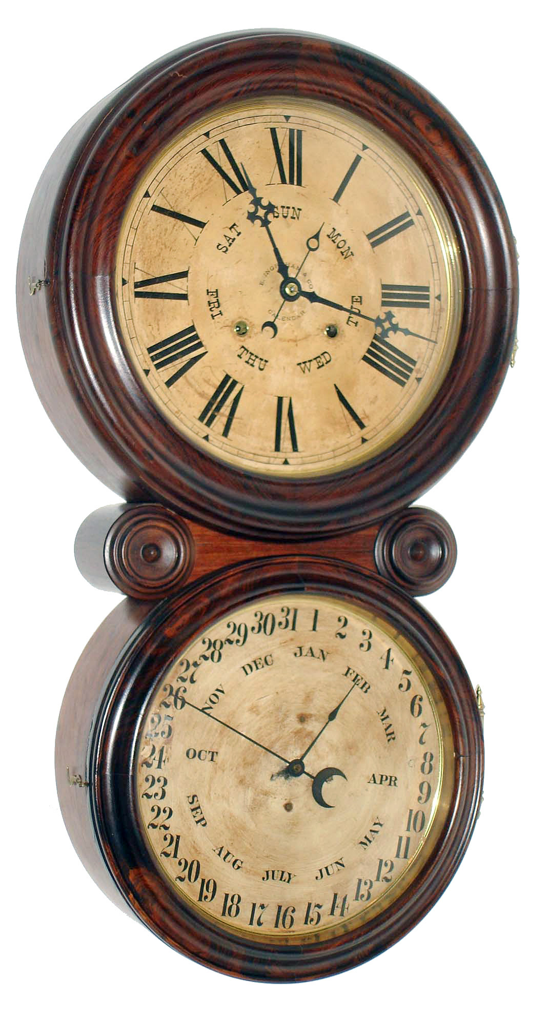 E. Ingraham & Co., Bristol, Conn., "Ionic", 8 day, time and strike, double dial calendar wall clock, c1886 — Antique Clocks Price Guide