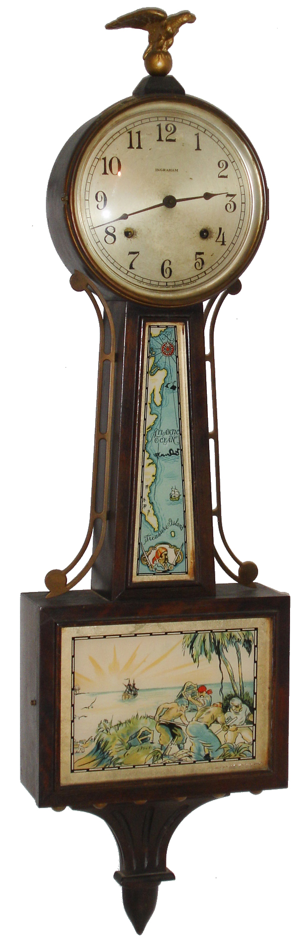 E. Ingraham & Co., Bristol, Conn. "Treasure" mahogany finish 8 days, time and duplex strike (ding-dong) banjo clock, c1934 — Antique Clocks Price Guide