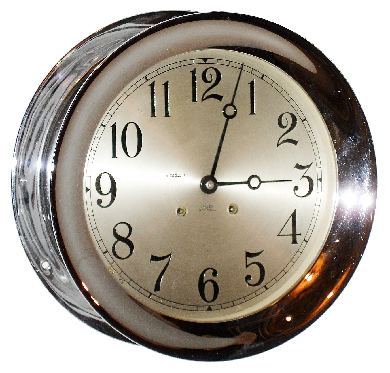 Chelsea Clock Co., Boston, Mass., 8" dial chrome plate ship's bell wall clock, c1974 — Antique Clocks Price Guide