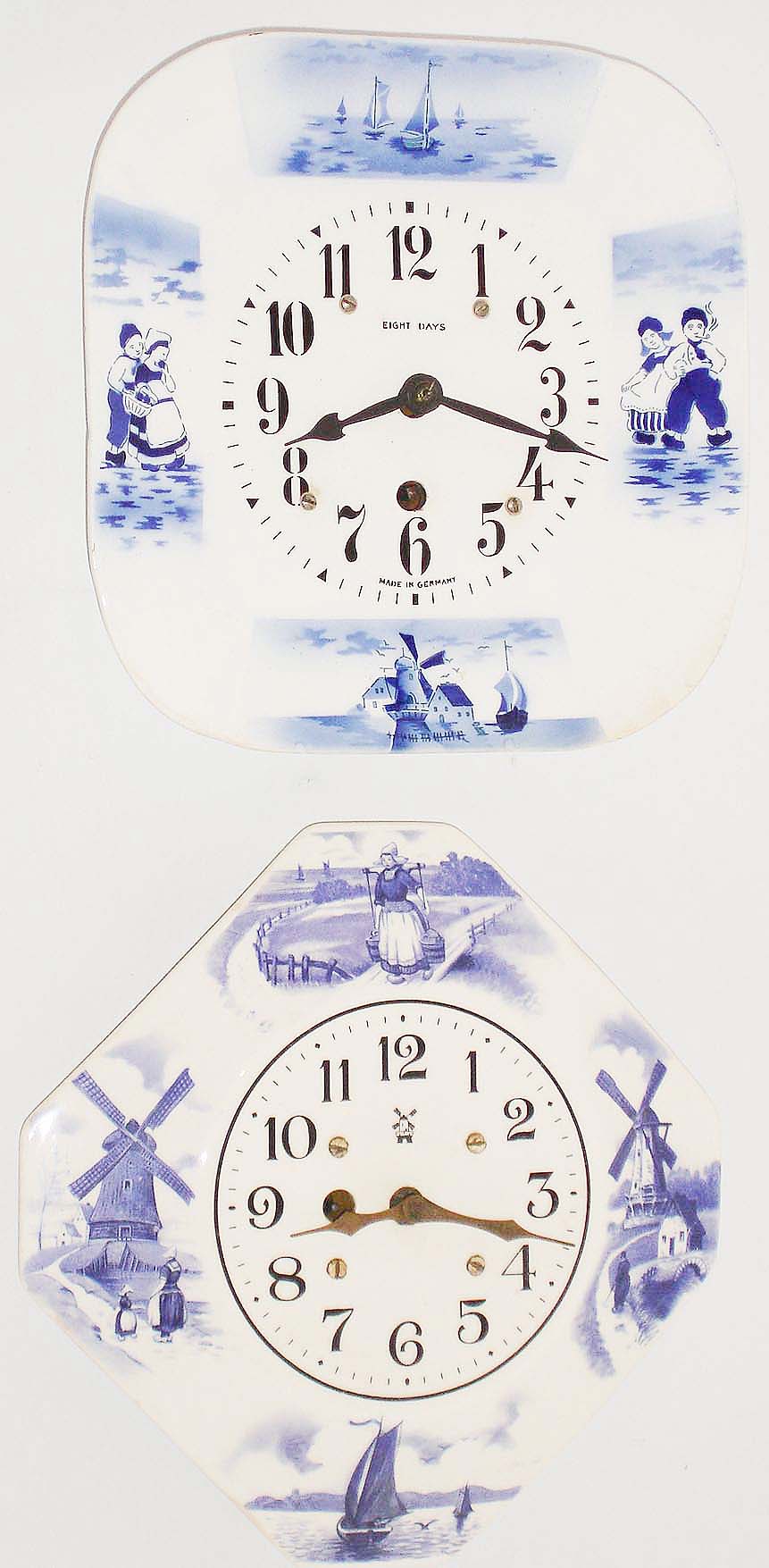 Clocks- 2 (Two) Irving Miller & Co., New York, Delft plate 8 days, time only, kitchen wall clocks, c1930 — Antique Clocks Price Guide