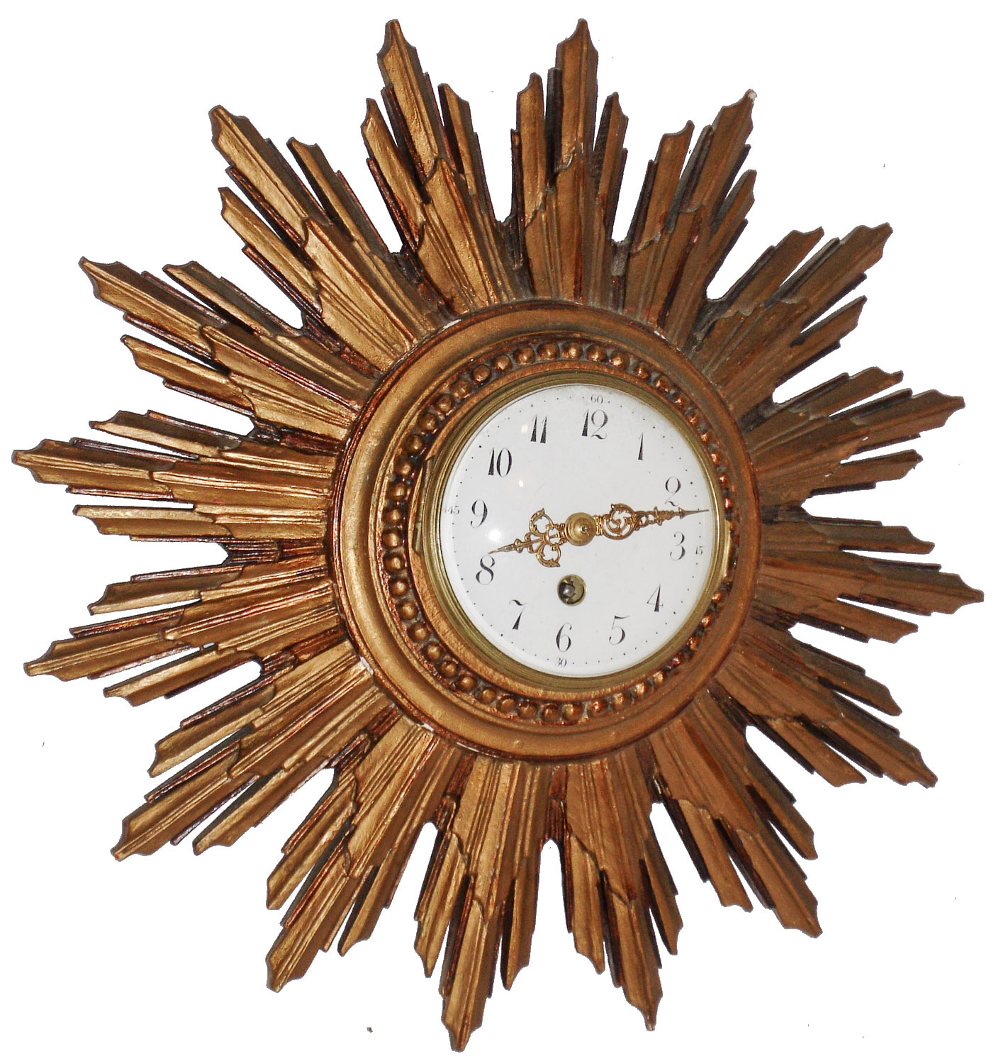 French gilt wood 8 days, time only, sunburst wall clock with Japy Freres balance wheel movement, c1890 — Antique Clocks Price Guide