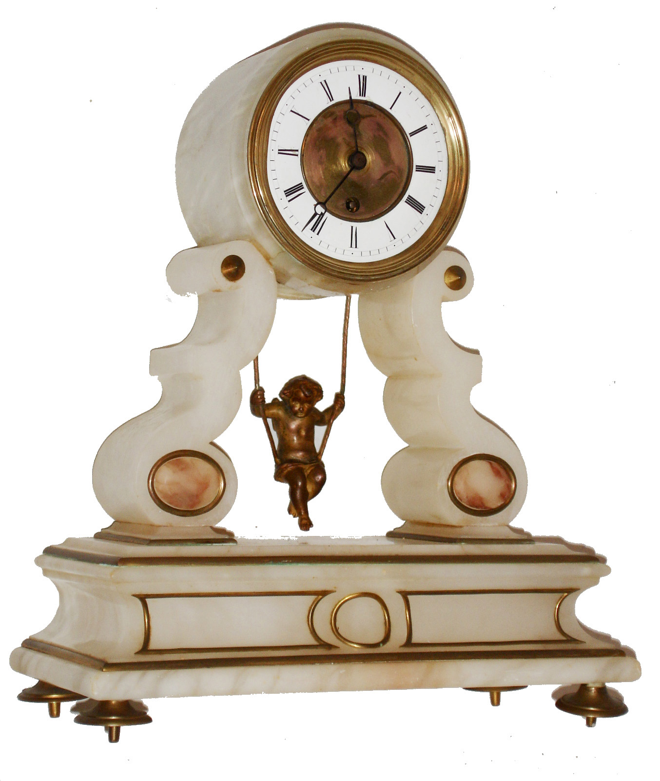 French, Farcot, swinging doll alabaster 8 days, time only, mantel clock with ormolu accents, c1880 — Antique Clocks Price Guide