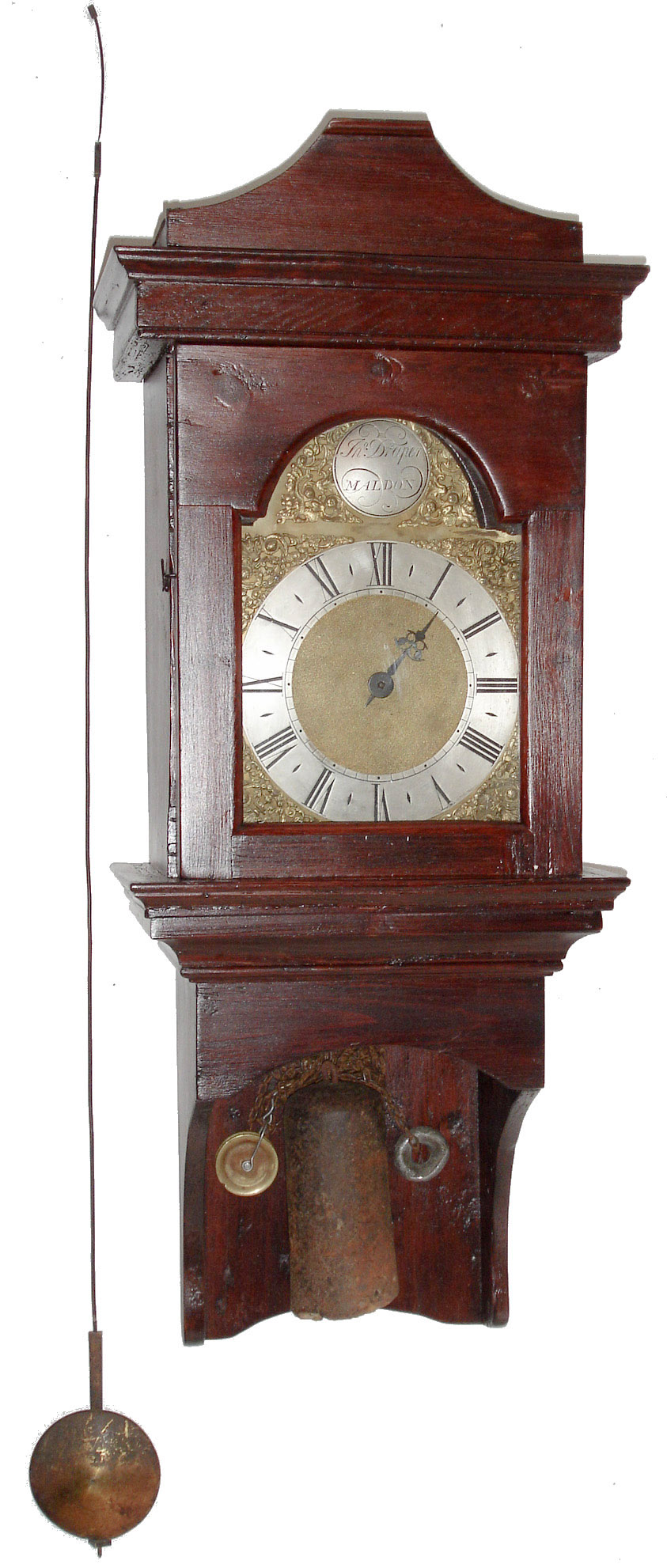 Draper (John), Maldon, brass dial one hand 30 hours, time and strike, weight driven movement in wood hanging case with slide-off bonnet, c.1750 — Antique Clocks Price Guide