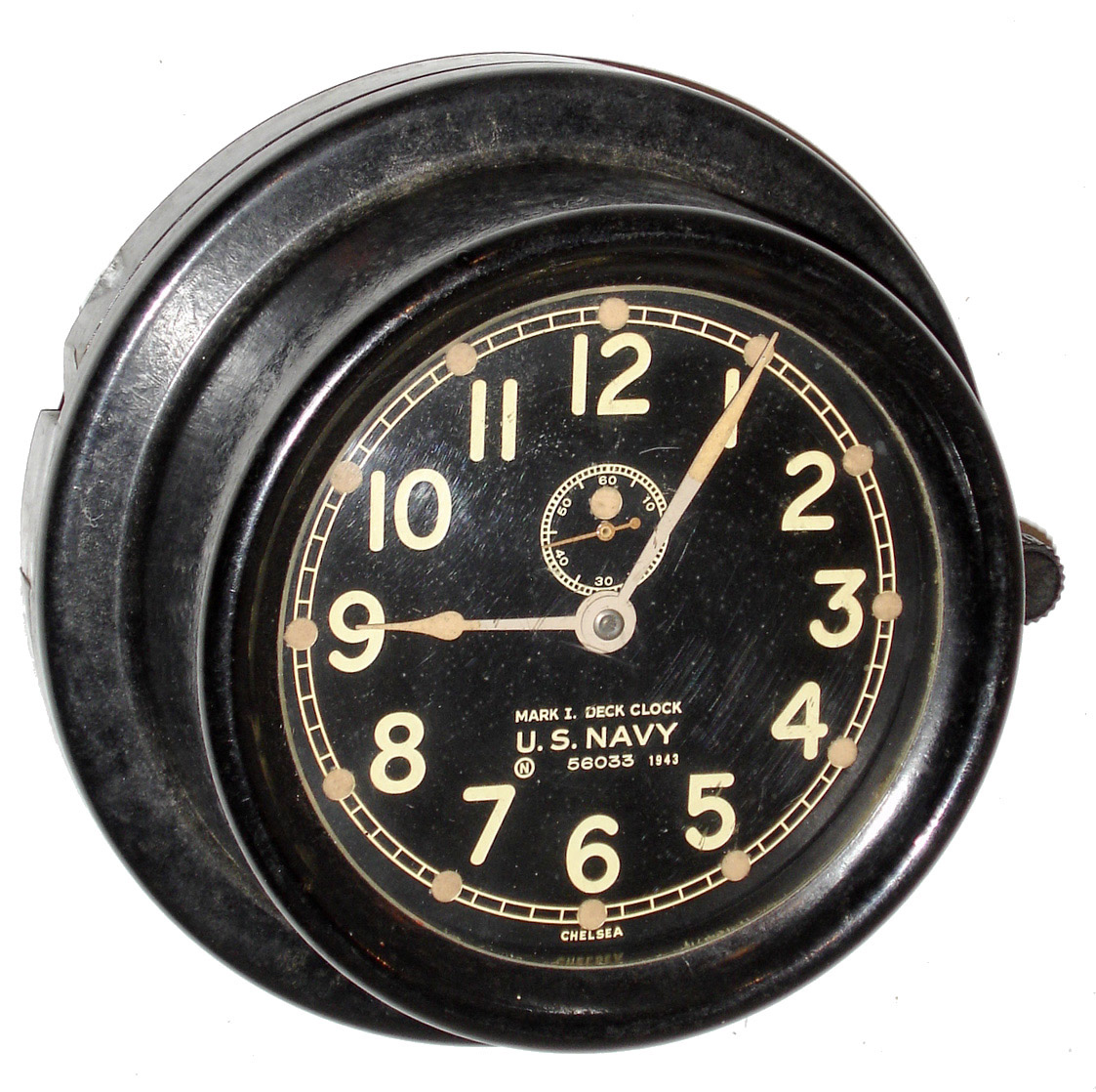 Chelsea Clock Co., Boston, Mass., for U.S. Navy "Mark I Deck Clock" black phenolic case time only, 8 days, clock with original wall bracket, dated 1943 — Antique Clocks Price Guide