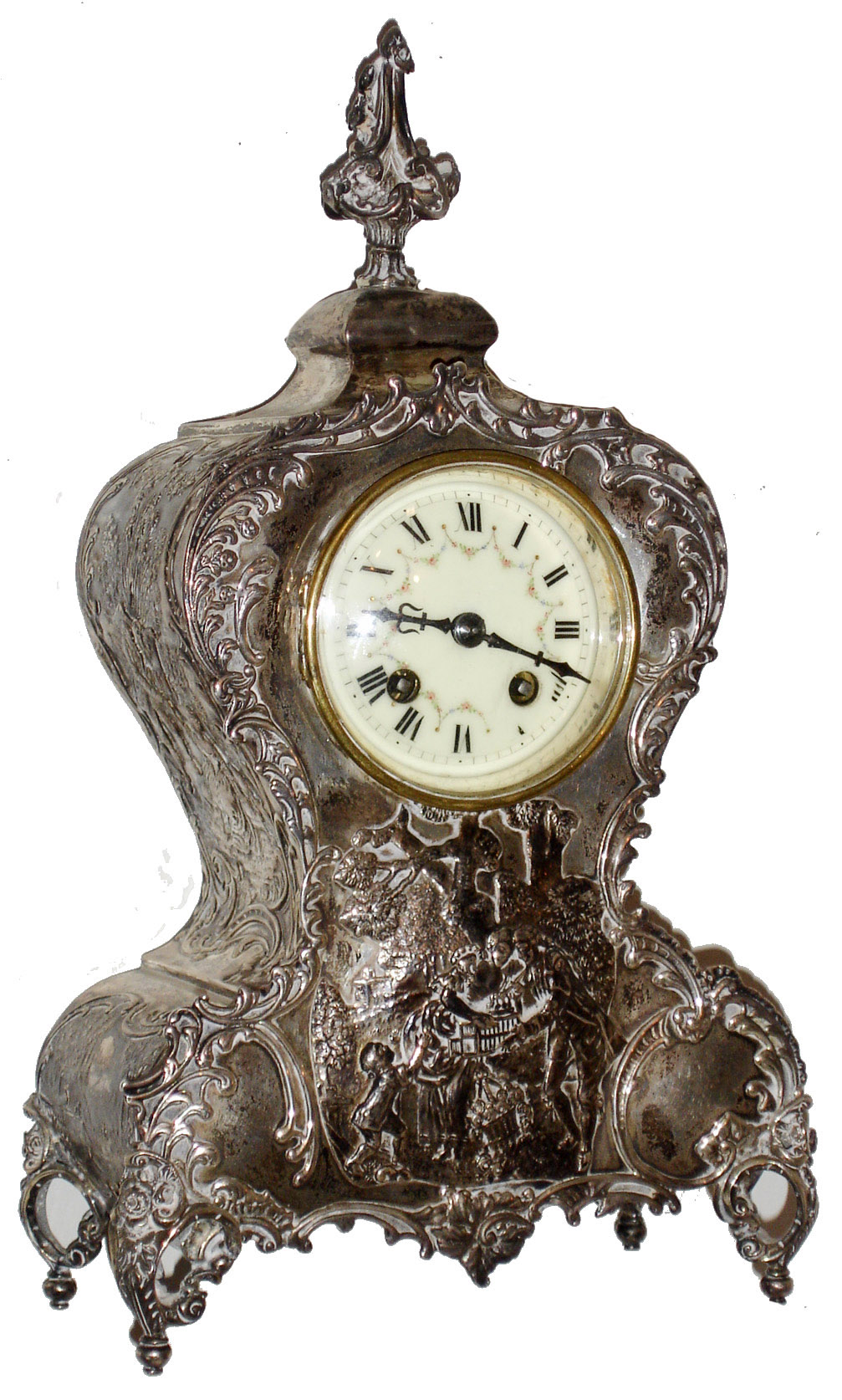 French repousse hallmarked silver mantel clock with Vincenti 1855 8 days, time and strike, balance wheel movement, c1870 — Antique Clocks Price Guide